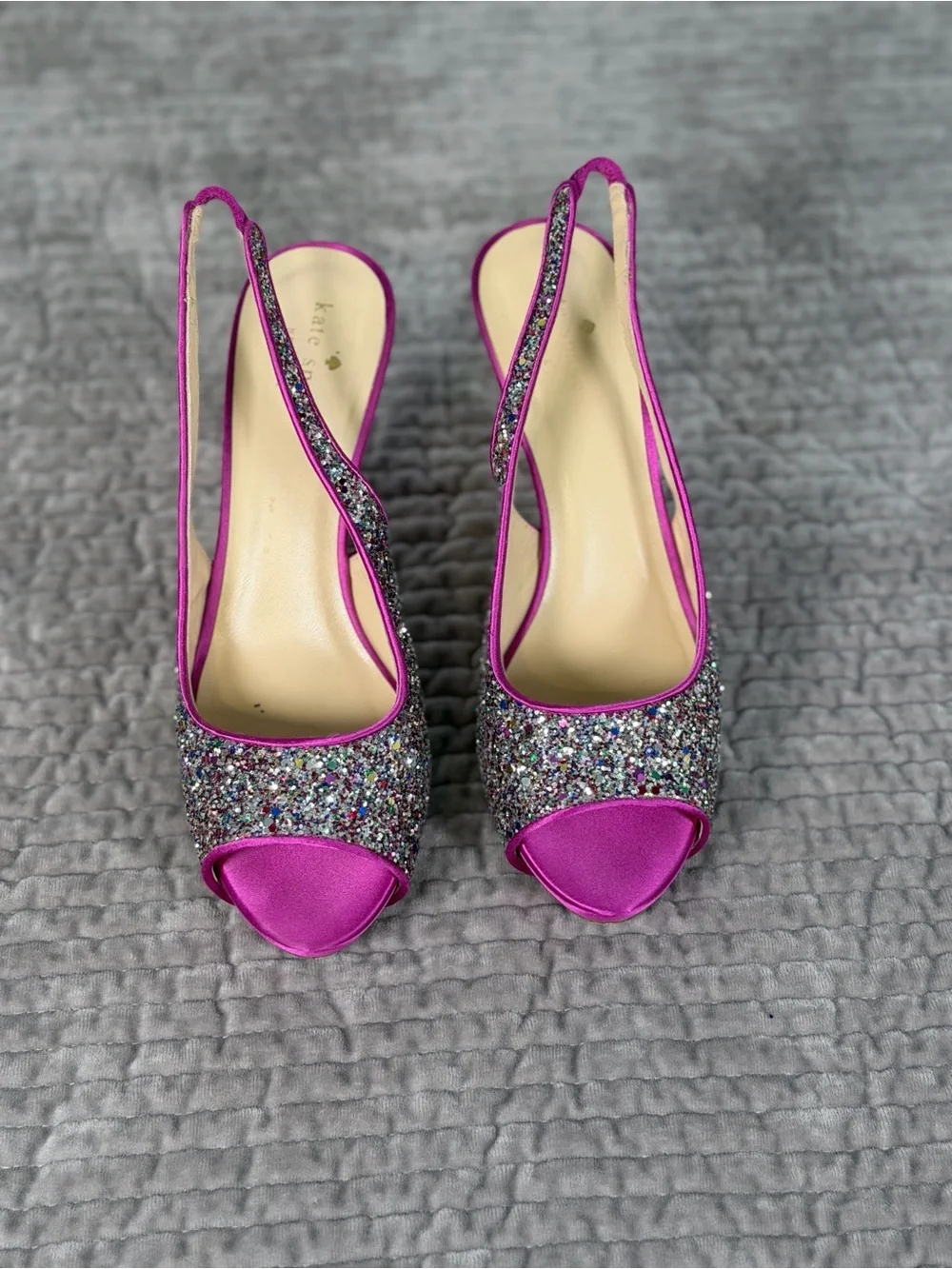 KATE SPADE Glitzy Fuschia Pink Glitter Slingback Peep-toe Platform Heels Size 8B